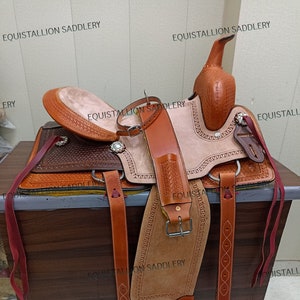 Western Natural & Brown Leather Strip Down Roper Ranch Cutter Sattel Premium Tack Set EQUISTALLION