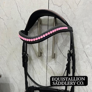 leather English bridle with crystal pink beautiful stone brownband patent leather noseband with leather reins