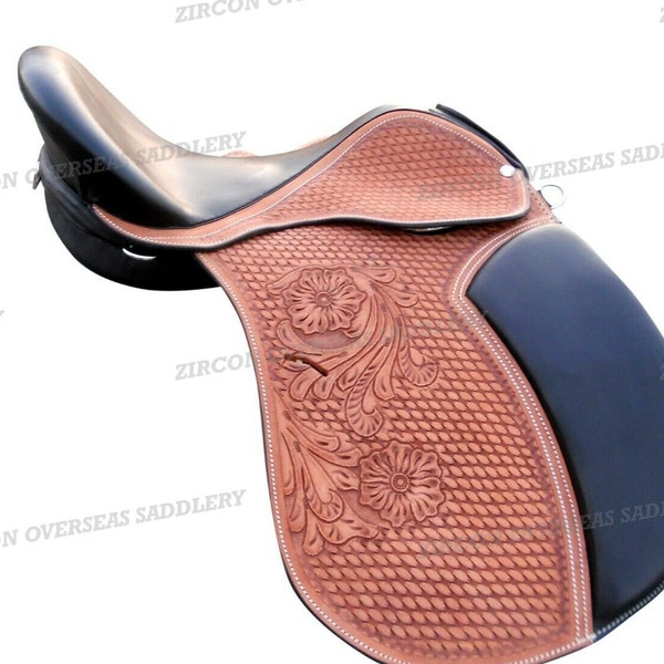 Silla de montar inglesa de cuero negro sin armazón, silla de montar GP multiusos en todos los tamaños de Equistallion