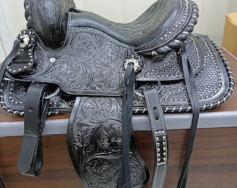 EQUISTALLION leather barrel trail pleasure soft seat western saddle horse riding tack set with free matching headstall/breastplate 10''-19''