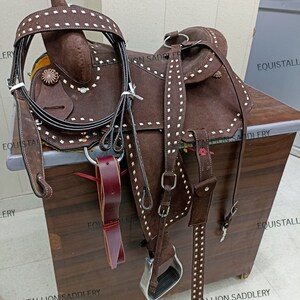 Horse riding Saddle Genuine Leather Western Leather Barrel Roughout Buck Stitched Saddle With Headstall, Breast Collar And Rear Cinch 21