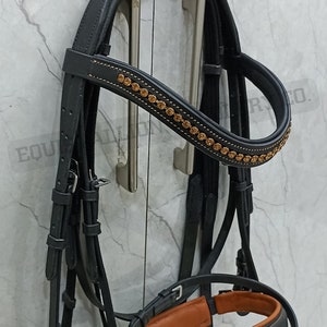 Equistallion New leather English bridle with crystal browband padded noseband for horse riding black color with tan padding with reins