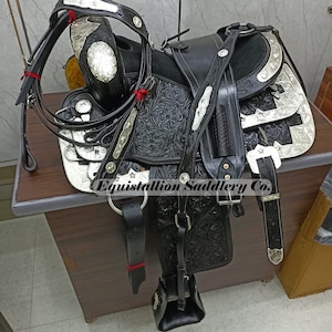 Silla de montar Equistallion Premium Silver de cuero genuino de vaca para exhibiciones de placer occidental, de 10" a 18", 2.0"