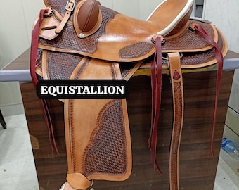Neue Leder Western Wade Baum Reiten Sattel Tack Ranch Abseilen punziert Design Buckeln Rollen & Strings runde Sitz Rohleder Steigbügel