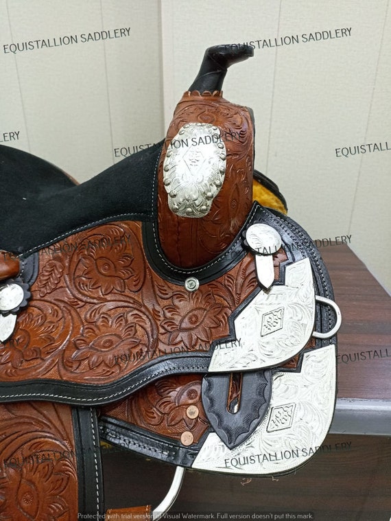 RAJ INTERNATIONALシルバー本牛革ウエスタンプレジャーショー馬サドル+マッチングヘッドストール・ブレストカラー&手綱サイズ14