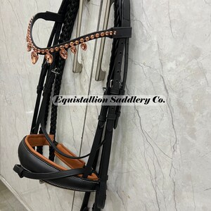 New premium leather english bridle for Horse crystal browband braided reins luxury bridle noseband browband tan padding tack by Equistallion