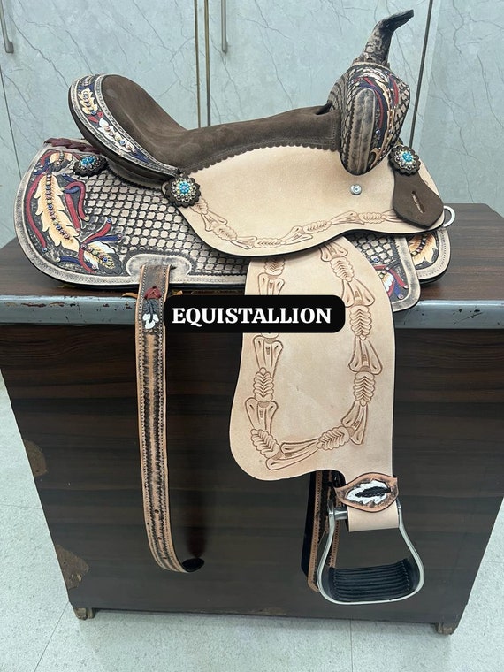 Sella in pelle per cavalli da corsa Western Barrel Gaited marrone con