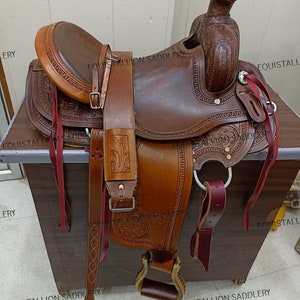 EQUISTALLION Western Brown Leather Hand Carved Ranch Wade Saddle 7.O