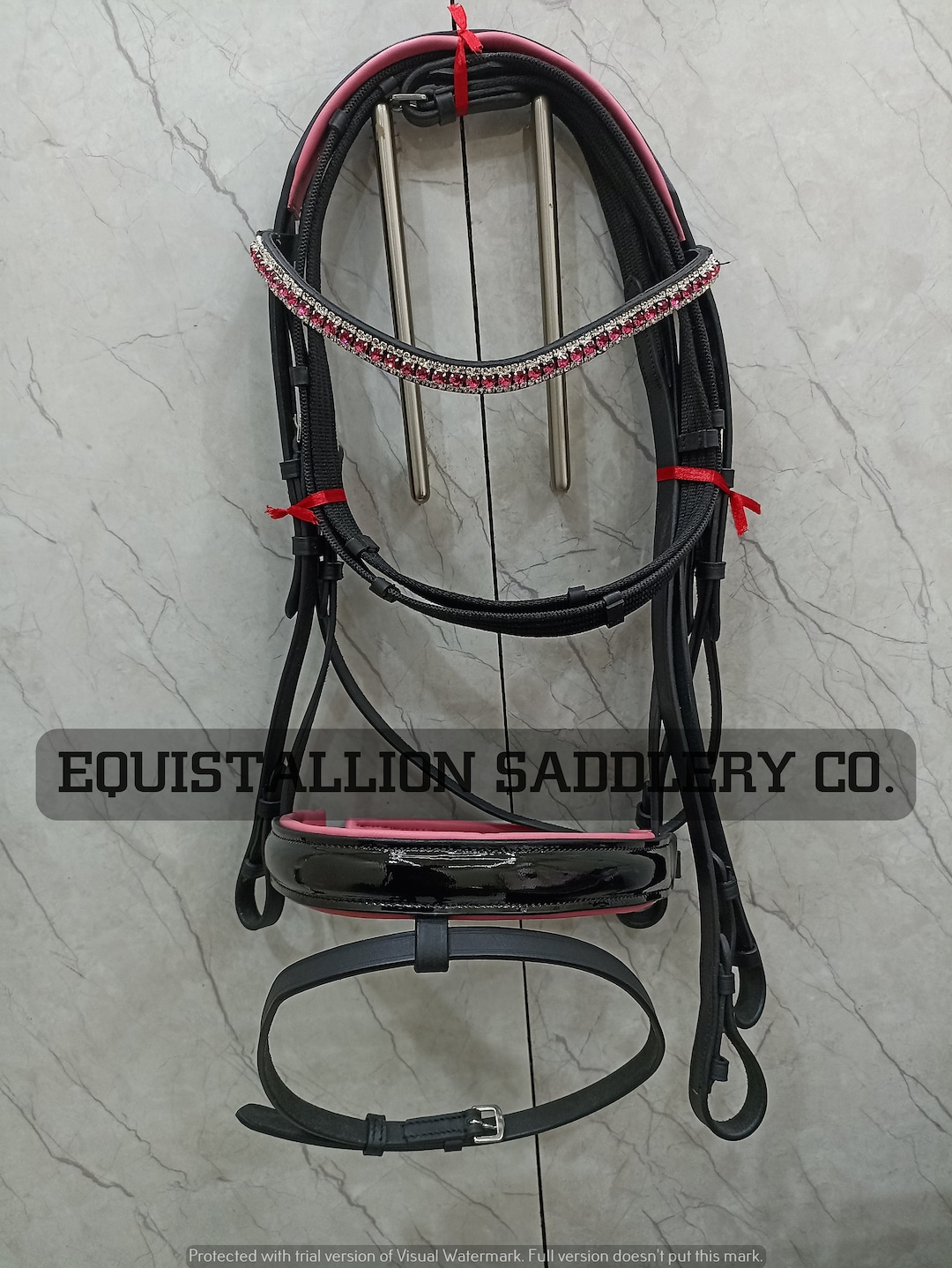New Premium Leather Horse Bridle Pink Crystal Browband With Patent