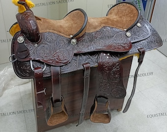 Nueva silla de montar western de cuero, doble asiento, color marrón conejo, versión 21.0, todas las tallas