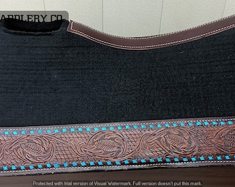 New Western saddle pad all Colors Teal Felt Thick Saddle Pad With Carved Brown Leather Buck stitched with rawhide stitch by Equistallion