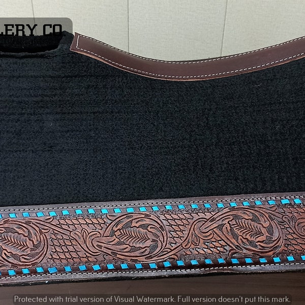 Western saddle pad in Black color Western All Colors Teal Felt Thick Saddle Pad With Carved Brown Leather Buck stitched with rawhide