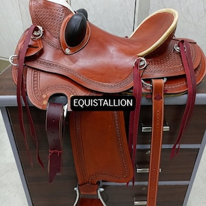 New leather wade western saddle horse riding tack set roping ranch horse saddle with matching Headstall and Breast collar