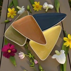 May include: A selection of colourful, triangular plates in shades of olive green, brown, navy blue, and yellow, each with a white rim. The plates are arranged on a brown surface, surrounded by flowers and greenery, suggesting a nature-inspired theme.