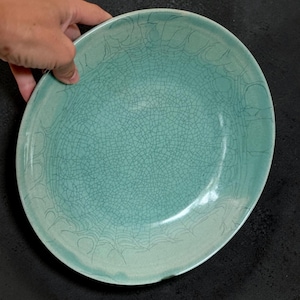 May include: A round, celadon-coloured ceramic plate with a crackle glaze pattern. The plate has a wide rim and is held by a hand. The plate's surface is a light turquoise colour with a network of fine lines.