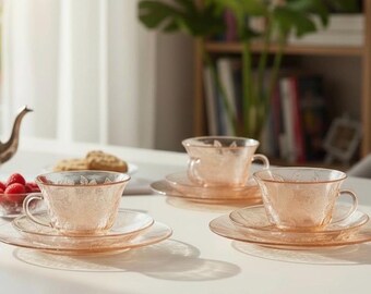 Macbeth Evans Dogwood Pink Depression Glass Snack Set, 4 Trios Cups Saucers Plates Vintage Floral Tea Set
