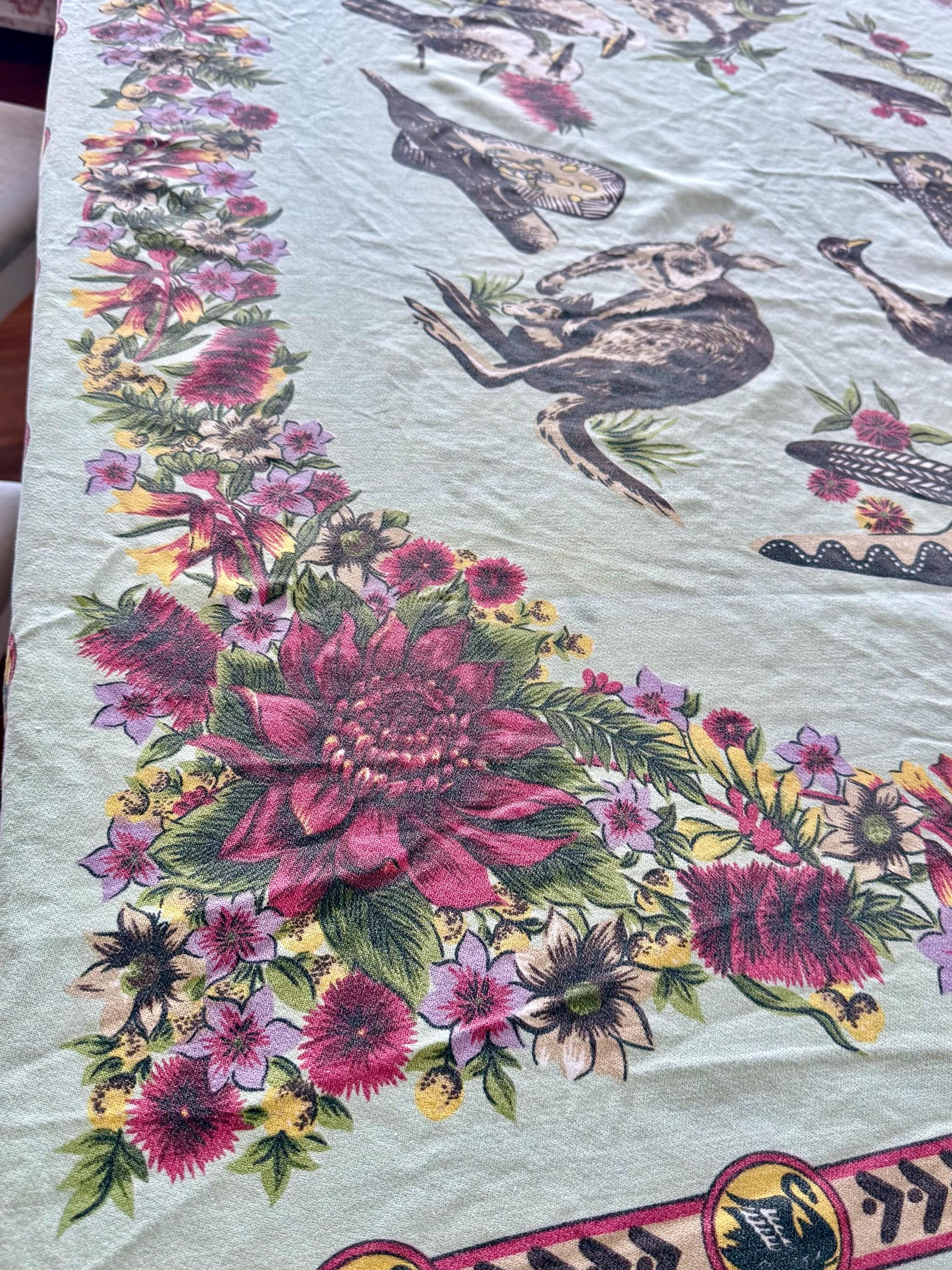 Vintage Australian Native Wildlife Tablecloth, Waratah & Kangaroo Print ...