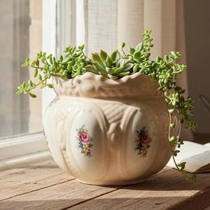May include: A cream-coloured ceramic planter with a scalloped rim and vertical embossed panels. Each panel features a small, colourful floral decal of pink roses and blue flowers. The planter is filled with a variety of green succulent plants.