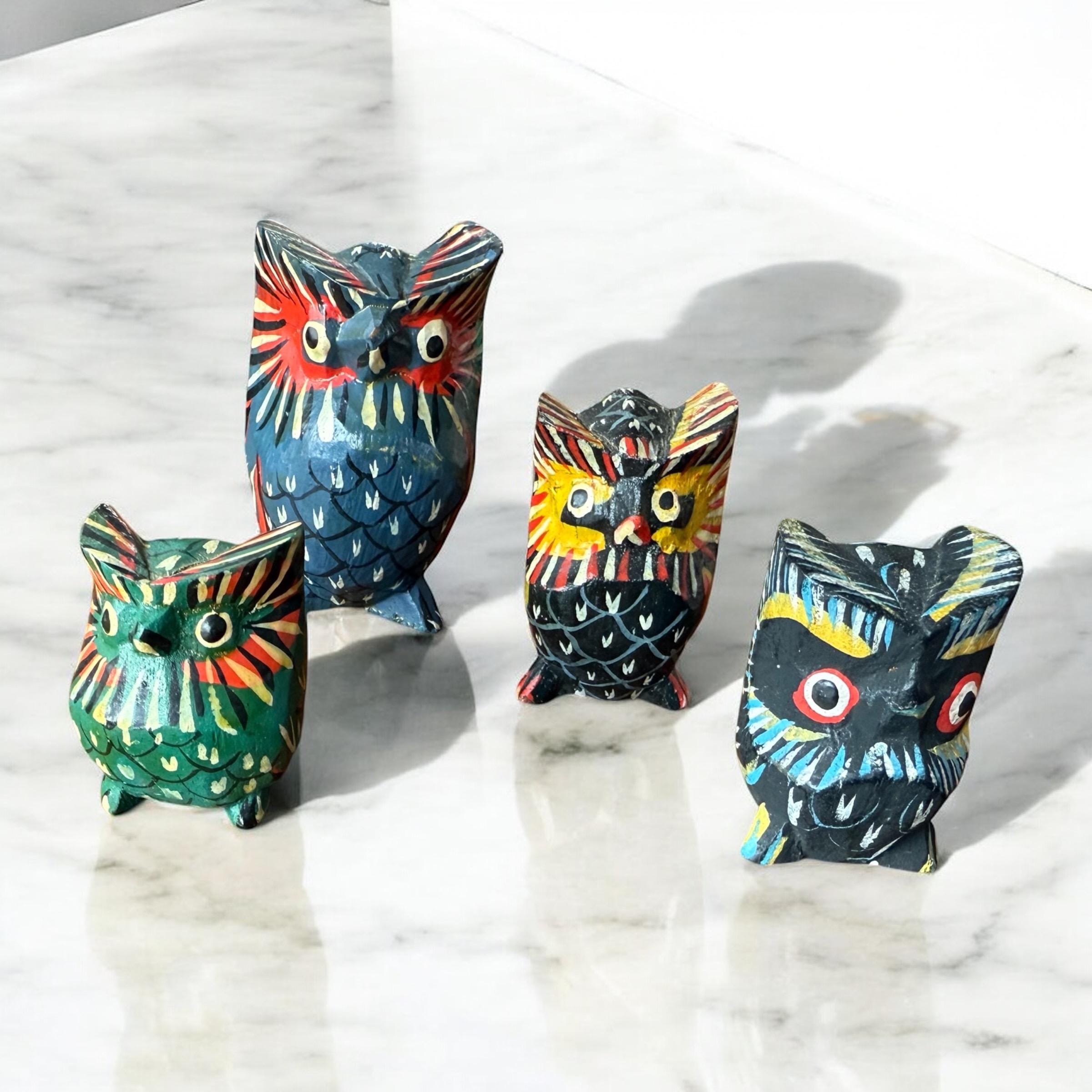 set of 4 Vintage Wood Owls Hand Carved Figurines Hand Painted sculpture statues