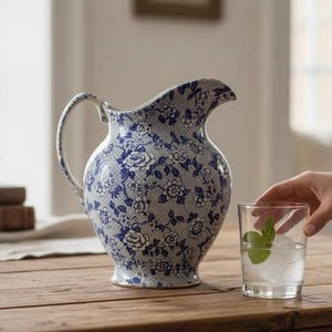 chintz pitcher Large ironstone vase pottery Victoria ware blue & white 19’s century floral pattern