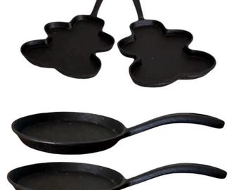 Vintage Cast Iron Skillet Pans Baking breakfast Round & Gingerbread Shaped sold as 2 set of 2