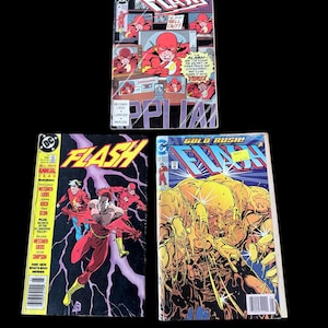 May include: Three vintage Flash comic books. The top comic features the text "SELL OUT!". The middle comic has the DC logo and the text "FLASH ANNUAL 1989". The right comic has the text "GOLD RUSH!" and the number 72.