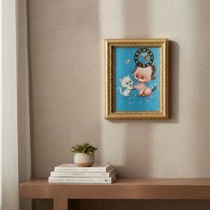 Vintage Sweda Wall Clock – Puppy & Kitten Illustration – 1970s Kitsch Framed Art
