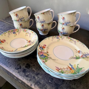 Vintage Grindley tableware “The Old Mill” 6 Dinner Plates and tea set trios of 18 pieces made in England sold as 2 sets