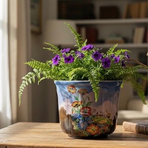 May include: A decorative ceramic plant pot with a hand-painted landscape design, filled with purple petunias and green ferns. The pot has a blue sky and floral details, on a wooden table.