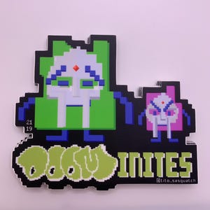 May include: Green and pink pixelated characters with blue accents and red diamonds on their foreheads. The characters are standing on a black background with the text "DOOM INITIES" in green and white pixelated letters. The text "@tito_sasquatch" is in white letters below the main text.