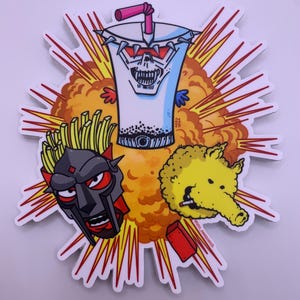 May include: A cartoon illustration of a milkshake, fries, and a pig in a comic book style explosion. The milkshake has a skull face and a straw. The fries have a red devil face. The pig has a yellow body and a long snout. The background is yellow and orange.