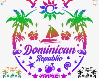 May include: A vibrant graphic design with the text "Dominican Republic" and "2025". The design incorporates palm trees, a sailboat, hibiscus flowers, stars, and a sun. The design is available in SVG, PNG, AI, EPS, and DXF formats.
