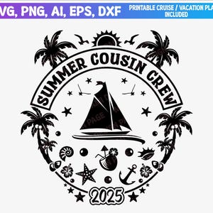 May include: Black and white graphic design featuring a sailboat, palm trees, and the text "Summer Cousin Crew 2025".
