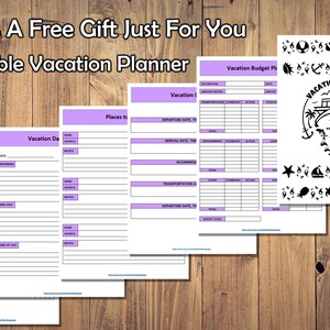 May include: A printable vacation planner with five pages. The pages are light purple with black text and lines. The pages include sections for vacation dates, places to visit, and a vacation budget. The cover page has a black and white illustration of a ship with a steering wheel and palm trees. The text "Vacation Planner" is written in a black banner.