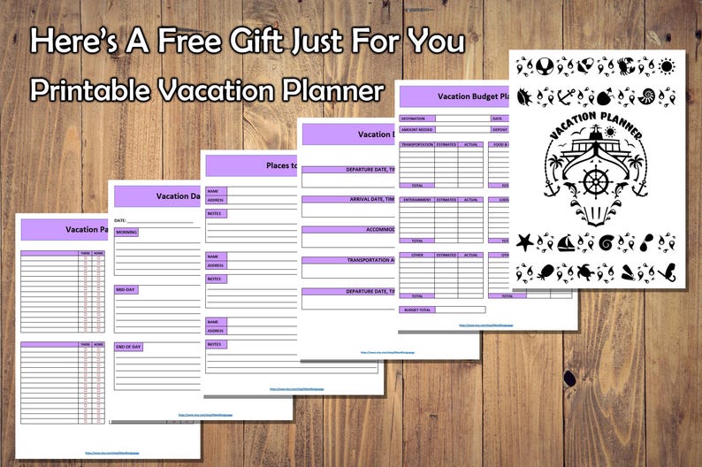 May include: A printable vacation planner with five pages. The pages are light purple with black text and lines. The pages include sections for vacation dates, places to visit, and a vacation budget. The cover page has a black and white illustration of a ship with a steering wheel and palm trees. The text "Vacation Planner" is written in a black banner.