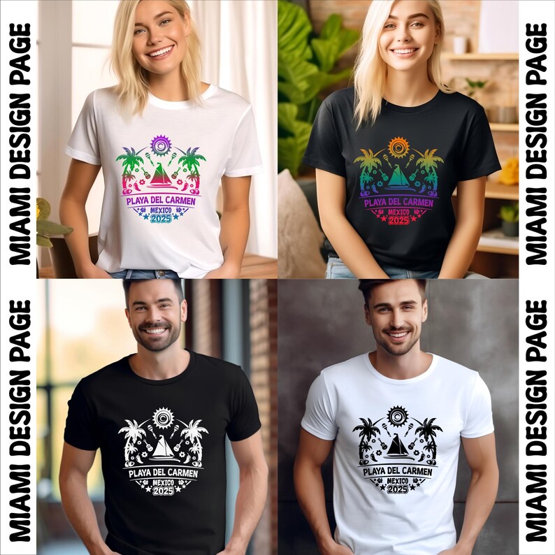 May include: Four t-shirts with a graphic design featuring palm trees, a sailboat, a sun, and the text "Playa del Carmen, Mexico 2025". Two t-shirts are white and two are black.