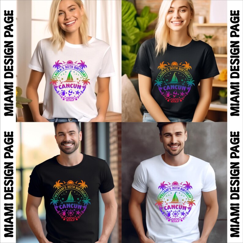K&ouml;nnte beinhalten: Vier T-Shirts mit einem farbenfrohen Grafikdesign mit Palmen, einem Segelboot und dem Text "[Name] 30. Geburtstag Cancun 2025". Die Shirts sind in Wei&szlig; und Schwarz erh&auml;ltlich.