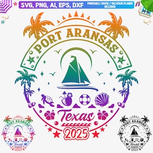 Op de afbeelding: Een kleurrijk grafisch ontwerp met de tekst "Port Aransas Texas 2025" omringd door palmbomen, een zeilboot, schelpen en andere strandthema-afbeeldingen.