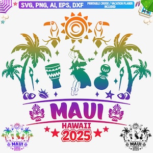 Vacaciones en Maui 2025 Svg, diseño de camiseta de Maui, modo de vacaciones en Mawi Svg, viaje a Hawái Svg, chica hula bailando, vacaciones en Mawi Svg