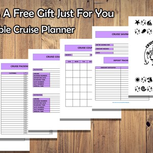May include: A printable cruise planner with 20 pages. The pages are organized into sections for cruise excursions, packing, coupons, and savings. The pages have a purple header and are decorated with nautical themed graphics.