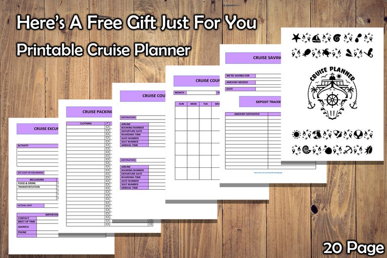 May include: A printable cruise planner with 20 pages. The pages are organized into sections for cruise excursions, packing, coupons, and savings. The pages have a purple header and are decorated with nautical themed graphics.