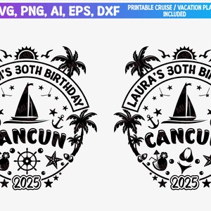 K&ouml;nnte beinhalten: Zwei schwarze und wei&szlig;e kreisf&ouml;rmige Designs mit Palmen, einem Segelboot und dem Text "Cancun" in der Mitte. Der Text "William's 30th Birthday" und "Laura's 30th Birthday" befindet sich oben auf jedem Design. Das Jahr "2025" befindet sich unten auf jedem Design.