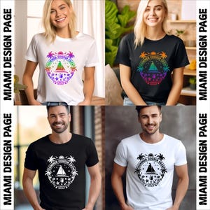 May include: Four t-shirts with a rainbow graphic design of a sailboat, palm trees, and the text "Summer Cousin Crew 2023". Two t-shirts are white and two are black.