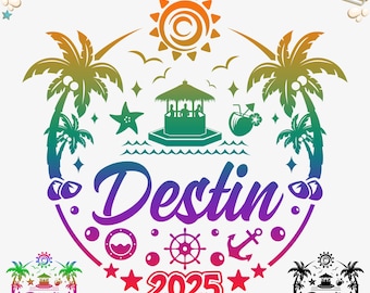 May include: A colorful graphic design featuring a tropical beach scene with palm trees, a hut, a starfish, a coconut, and the text "Destin 2025".