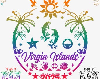 May include: A colourful graphic design featuring palm trees, dolphins, a sun, and the text "Virgin Islands 2025".