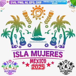 以下が含まれることがあります： ヤシの木、ヨット、ギター、マラカスが描かれたカラフルなグラフィックデザイン。グラフィックの下には「Isla Mujeres Mexico 2025」というテキストが表示されています。
