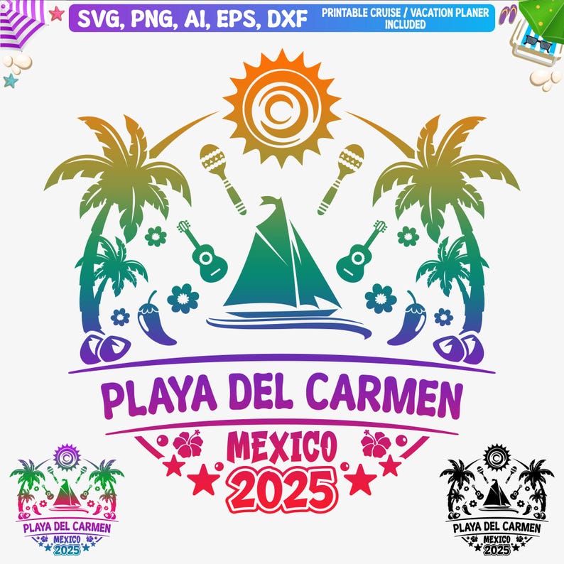 May include: A colourful graphic design featuring palm trees, a sailboat, maracas, and a guitar. The text "PLAYA DEL CARMEN MEXICO 2025" is displayed in a rainbow gradient.