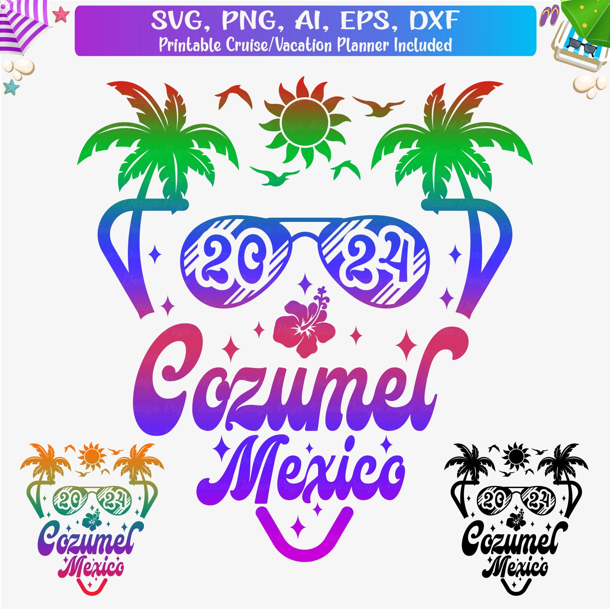 2 Cozumel Mexico Stickers, Hand Drawn Design, Palm Trees Beach Coral Reef,  Laminated, Water Resistant 