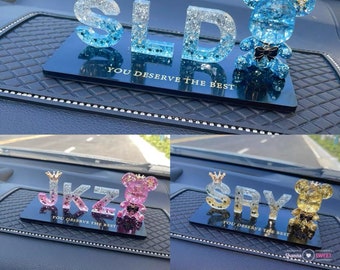 Cute Handmade Creative Crystal Car Decor Custom Two or Three Letters with Crystal Bear Design Car Interior Accessories Decoration