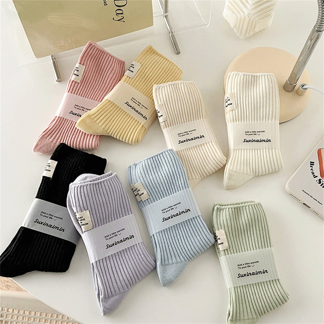 Minimalist Macaroon Color Cotton Socks Women Cozy Casual - Etsy